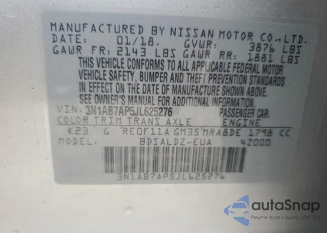 2018 Nissan Sentra S z USA, uszkodzony, nr VIN 3N1AB7AP5JL625276